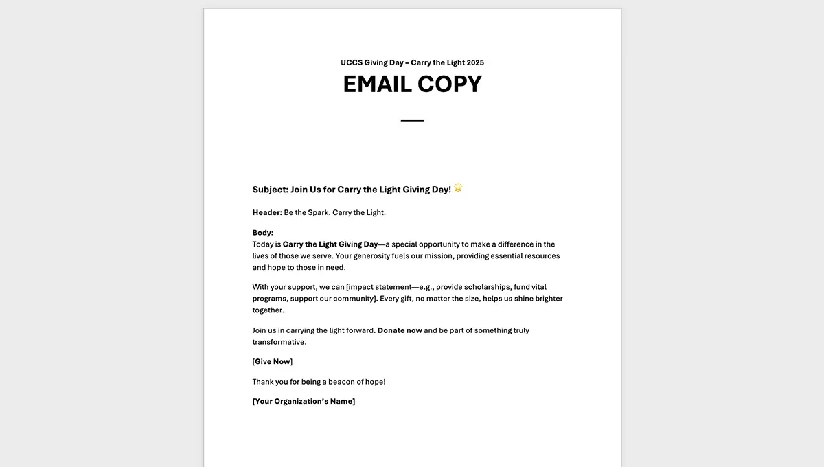 Screenshot of email copy